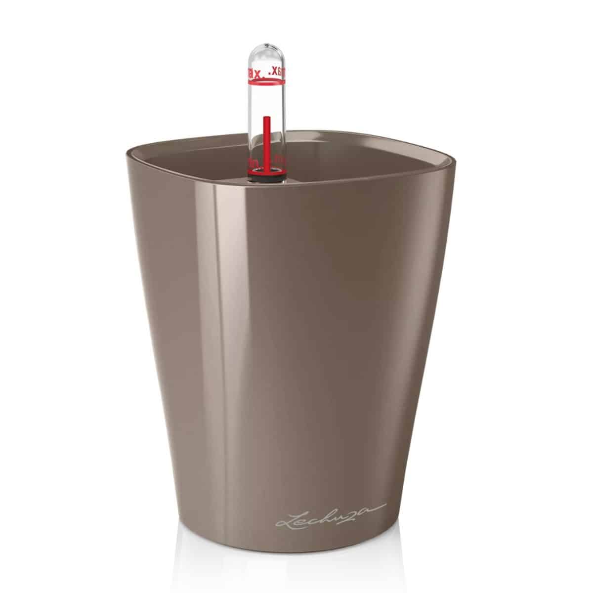 MINI-DELTINI Shiny Taupe High Gloss, Self-watering Small Indoor Planter, H5.1 L3.9 W3.9 in