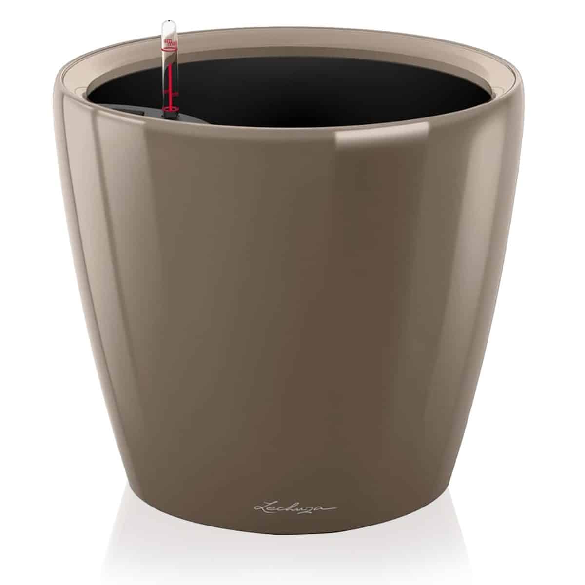 CLASSICO LS 35 Shiny Taupe High Gloss, Self-Watering Round Planter, D13.8 H13 in